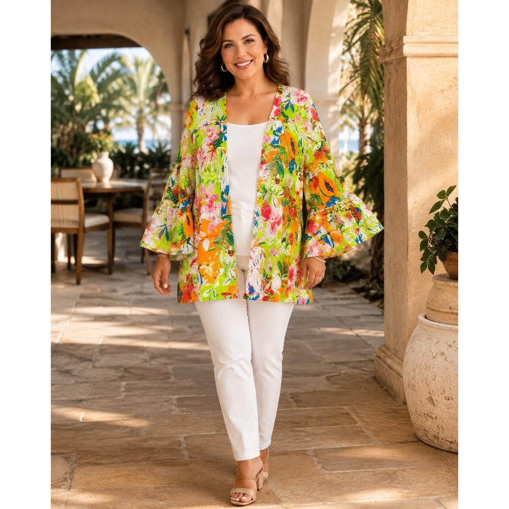 Cato Kimono Cardigan Womens 14/16W Tropical Floral Papaya Eyelet Ruffle Sleeve